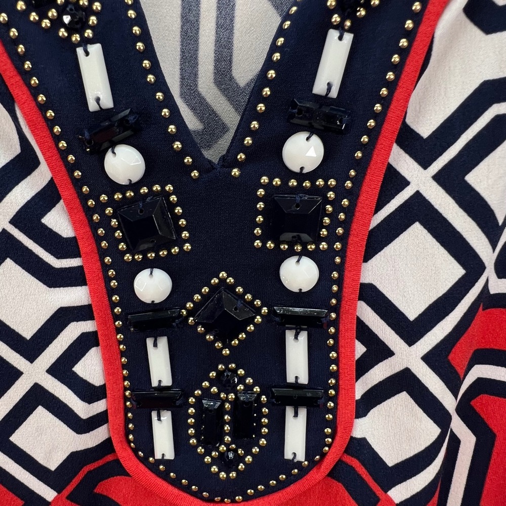 JM Collection Petite XL Red Navy Geometric Beaded Split V-Neck 3/4 Sleeve Tunic - Picture 4 of 8